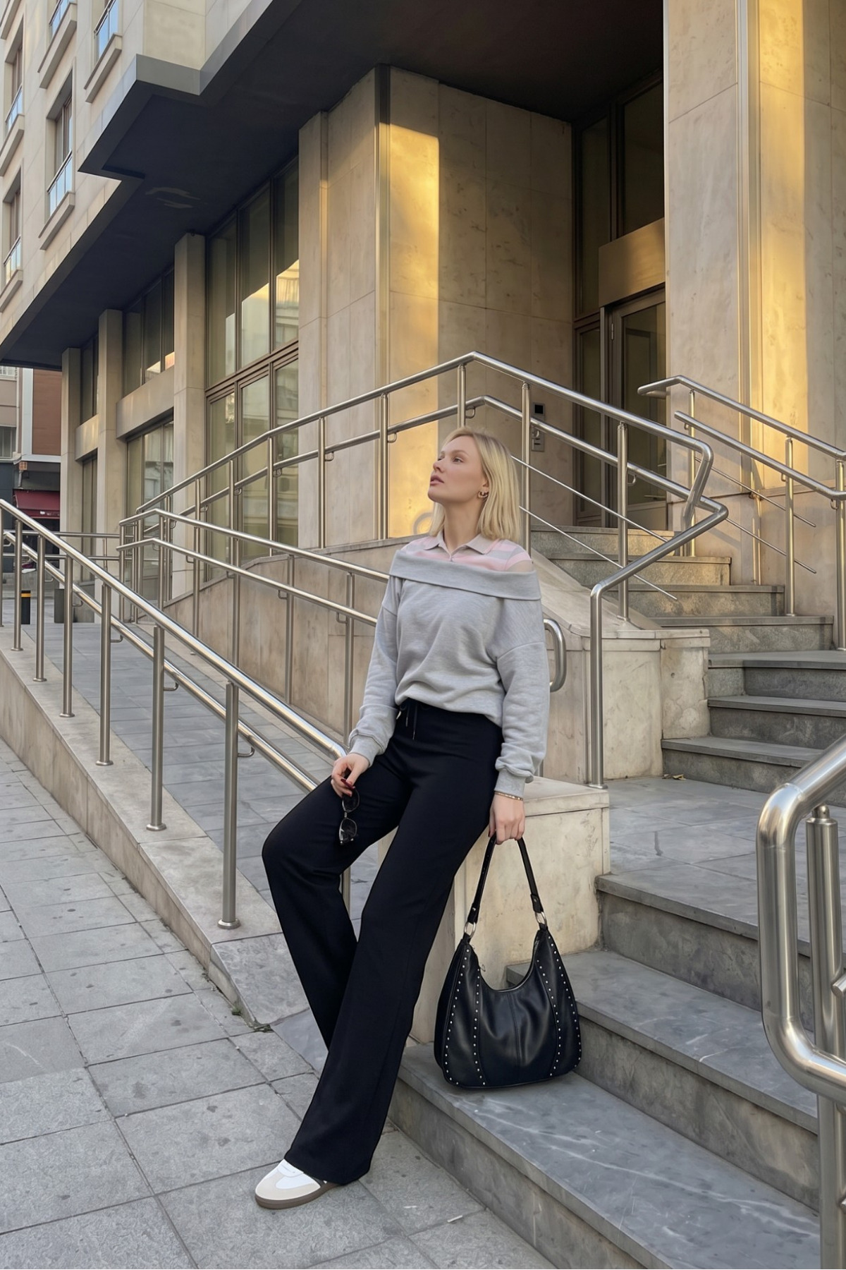 macharel jeans Kadın Ribana Lastikli Bol Paça Palazzo Siyah Eşofman Altı görsel 4