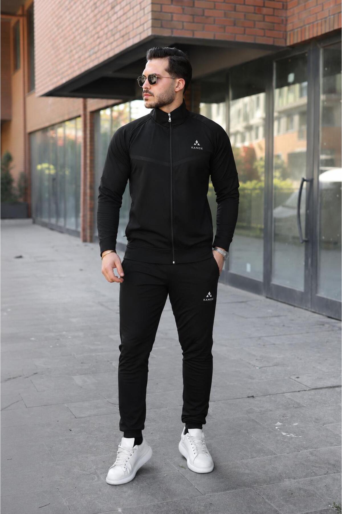 Slim Fit Dalgıç Kumaş Fermuarlı Erkek Eşofman Takımı V Baskılı — مشکی K-9901