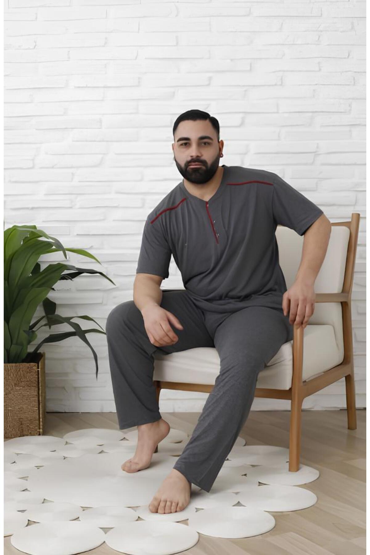 Sude HOMEWEAR Erkek Kısa Kol Yarım Pat Düğmeli Büyük Beden Pijama Takımı