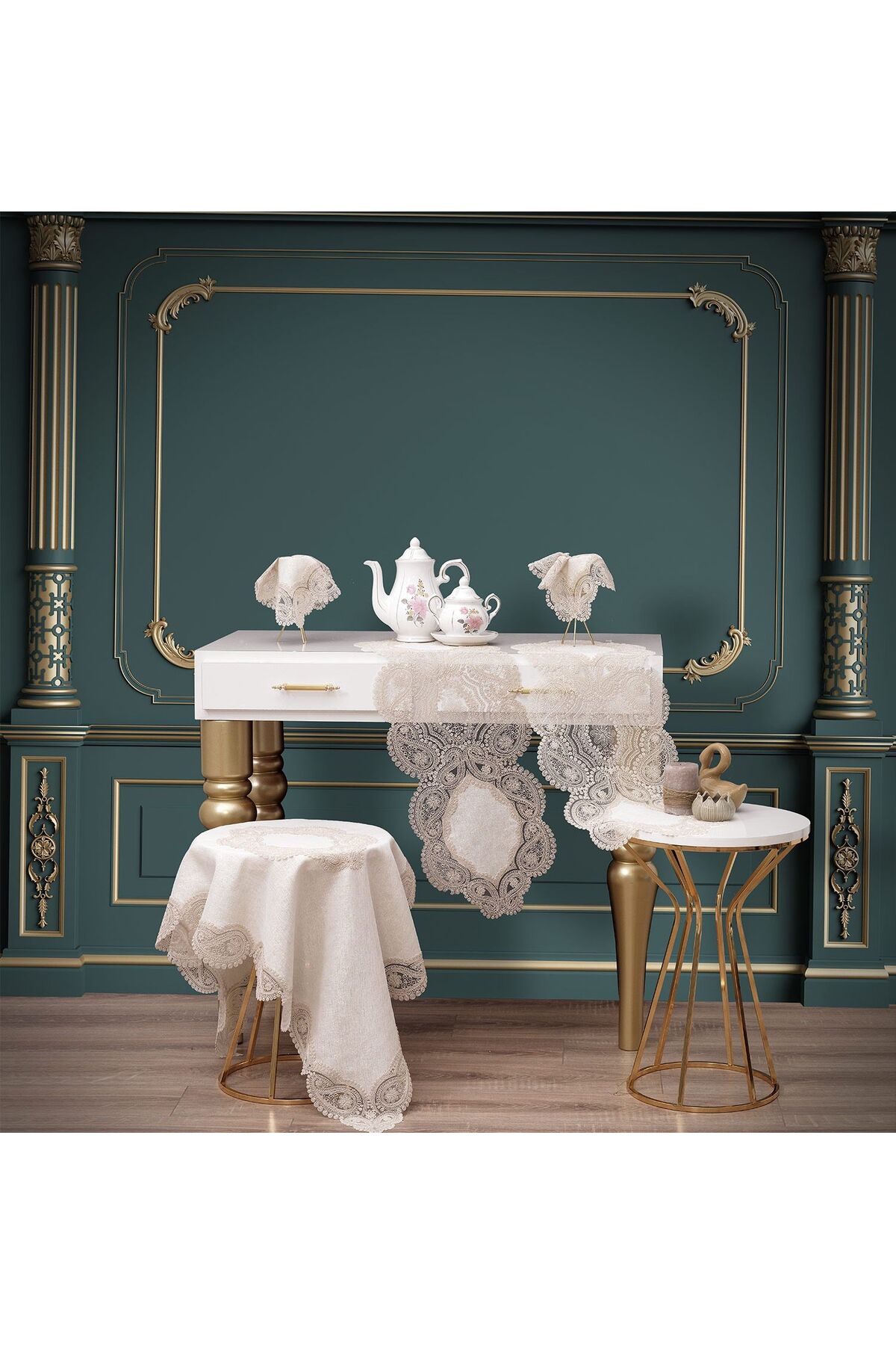 Salon Set Runner Set Linen French Lace Carefree Stain-Free Fabrics Dowry Products