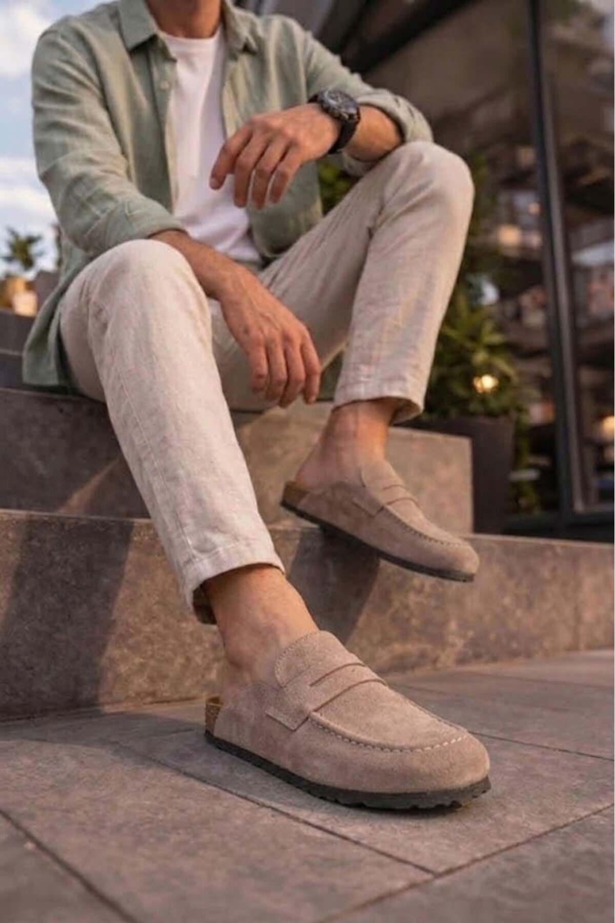 Aymood JY0456 Rayn Bağcıksız Hakiki Süet Deri Erkek Günlük Mantar Taban Loafer Klasik Ayakkabı HDMT - Bej