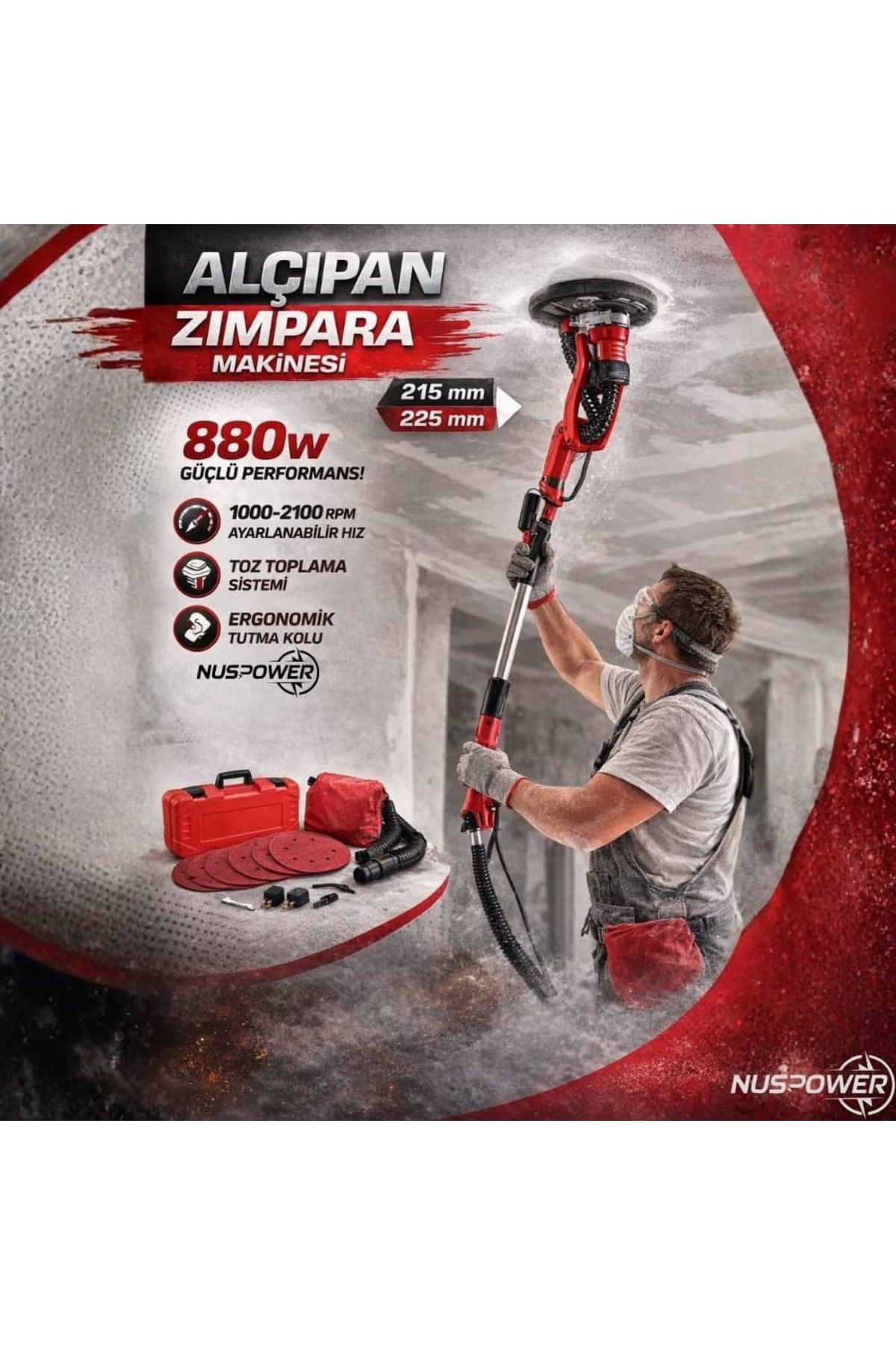 nuspower LED'li Kollu Alçıpan / Duvar Zımpara Makinesi 880W PRO