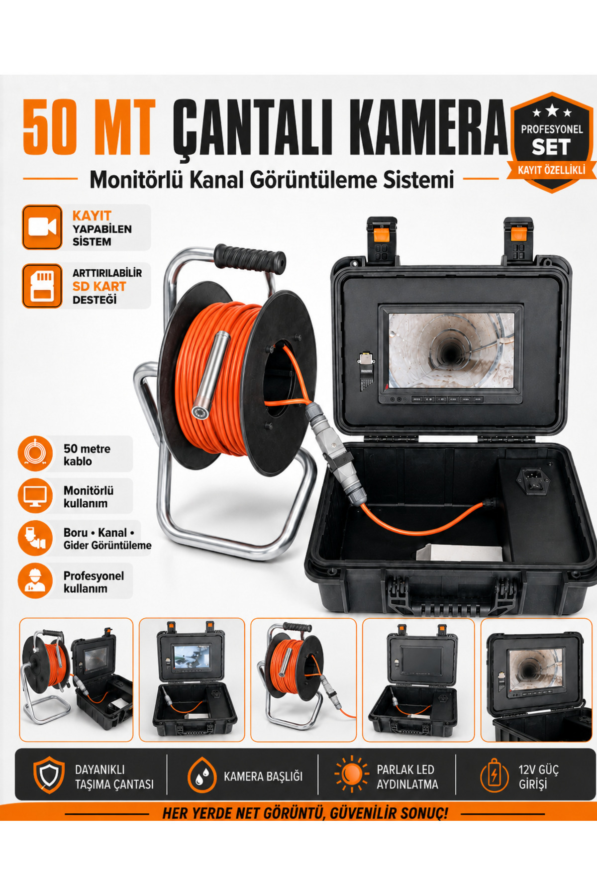 Sondax Makine Sanayi 50 Metre Çantalı Monitörlü Yılan Kamera Kayıt Yapabilen SD Kart Destekli Kanal Boru Gider Görüntüleme Sistemi