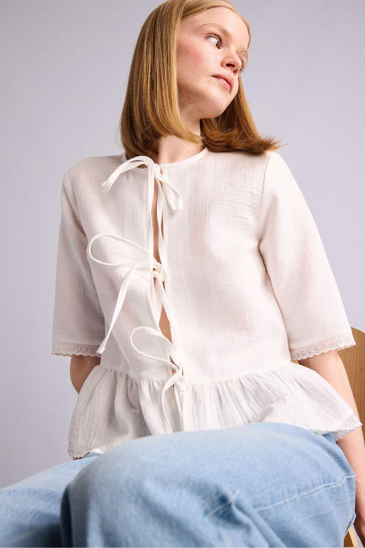 Defacto 100% Cotton Tied Muslin Short Sleeve Blouse F6369Ax26Sm