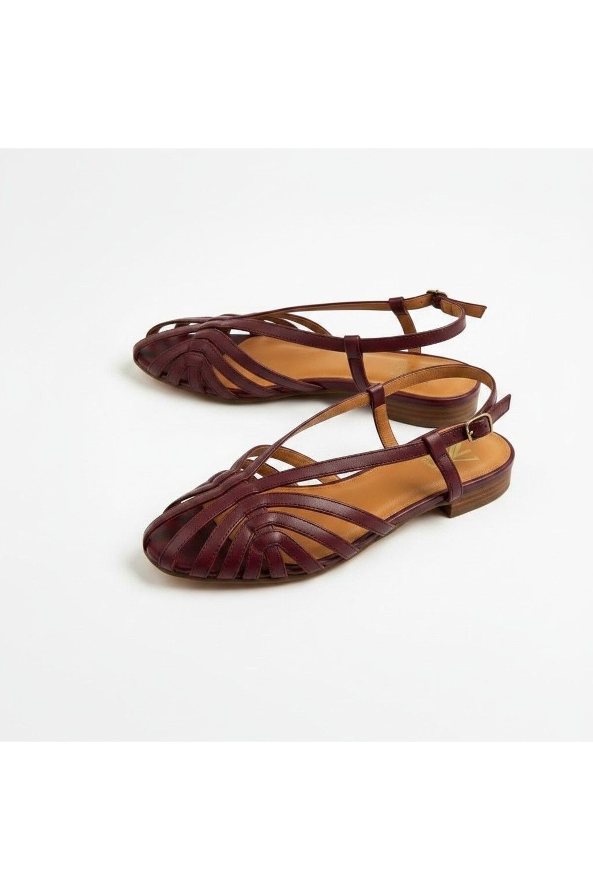 NE&VE SHOES Bordo Deri Biye Kadın Günlük Sandalet görsel 3