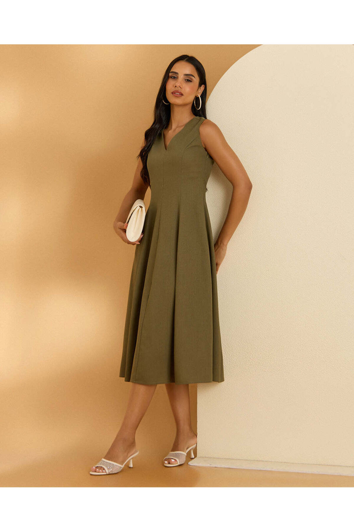 REDTAG Womens Olive Flared Linen Dress
