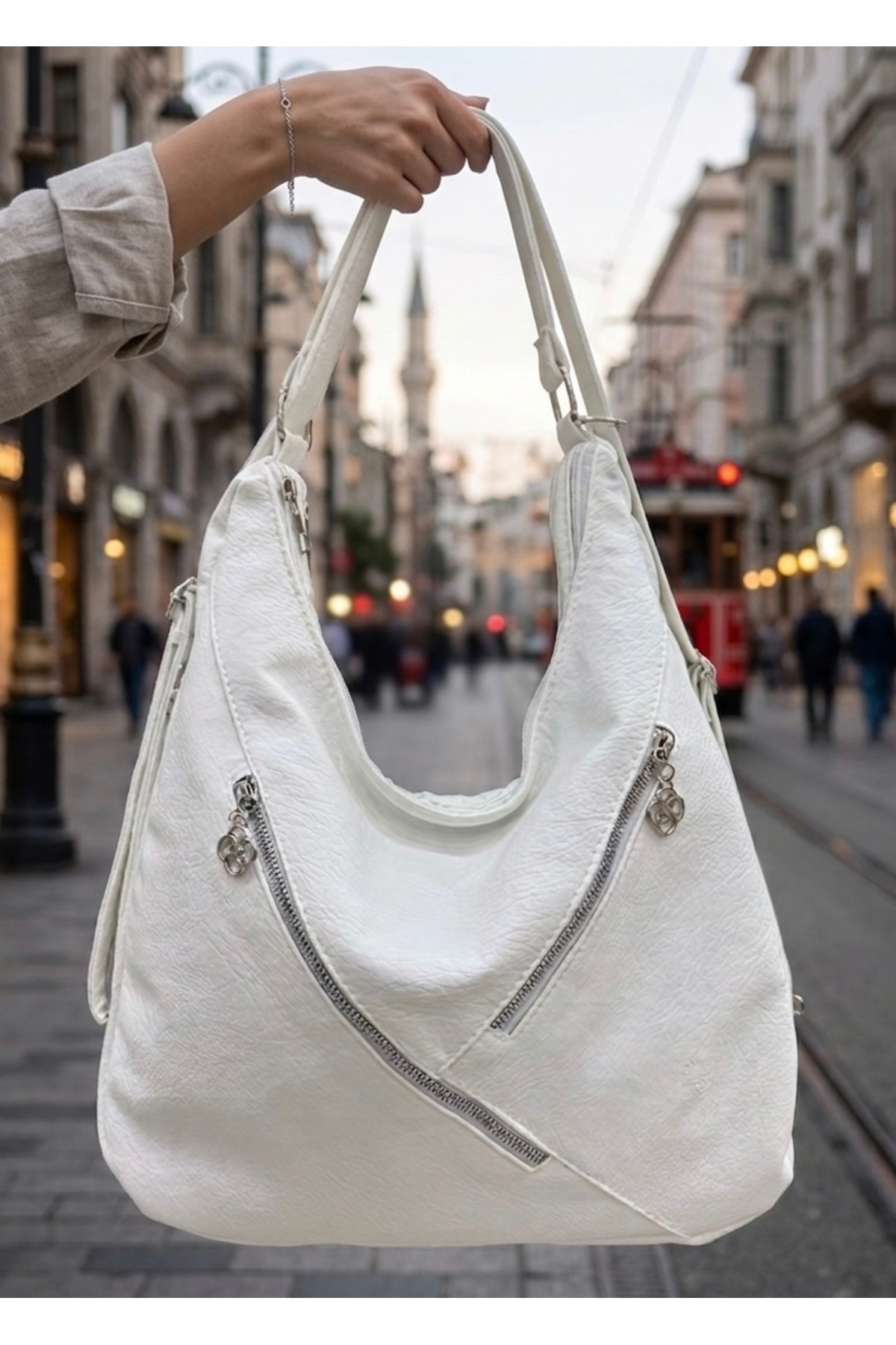 SCRE:EN ＜MINI SHOULDER BAG＞　white Vintage White Mini Handbag - Ladies Shoulder Tote with Zipper