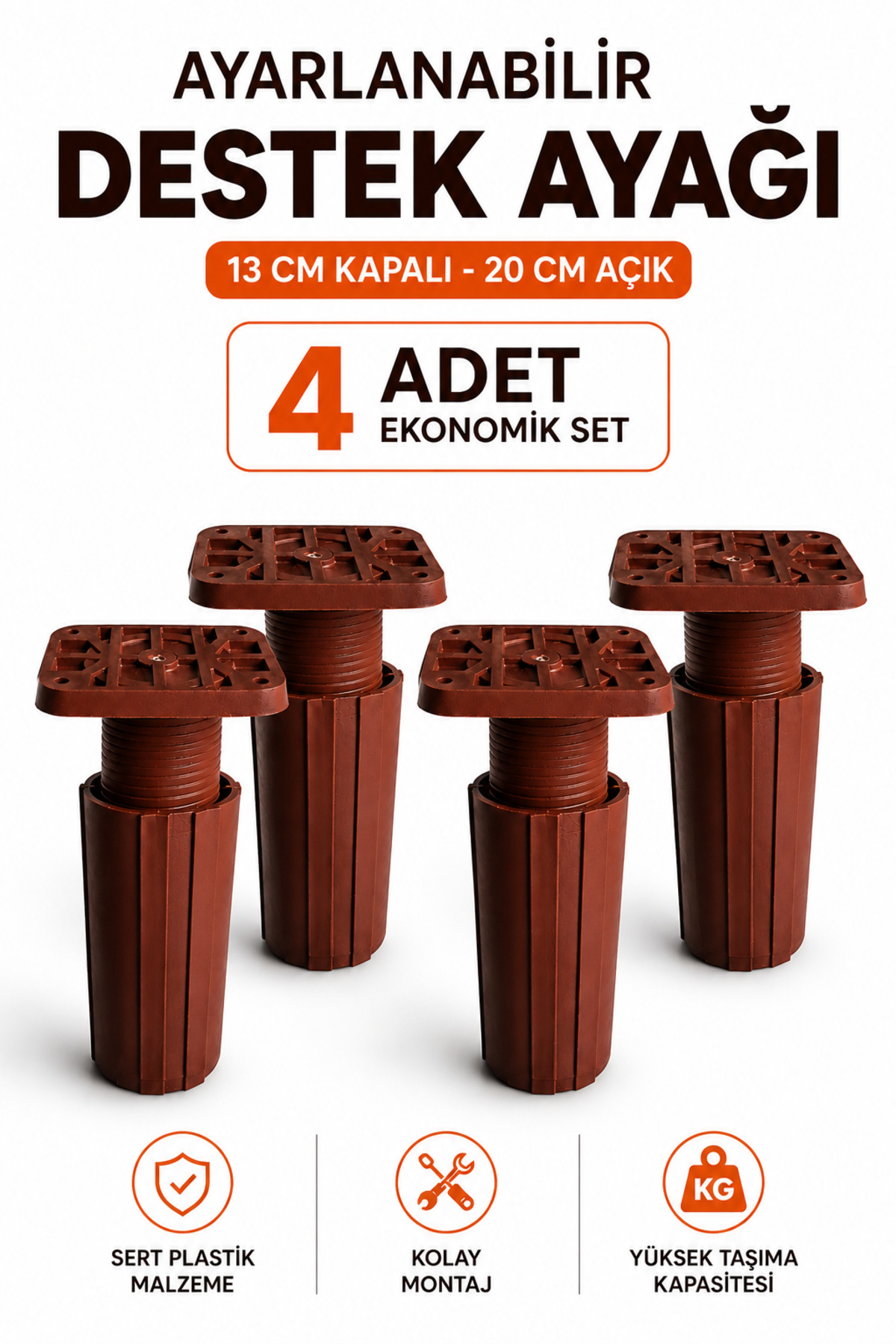 NZB 4 Adet Kahve Uzayabilir Kare Başlı Sert Plastik Destek Ayağı