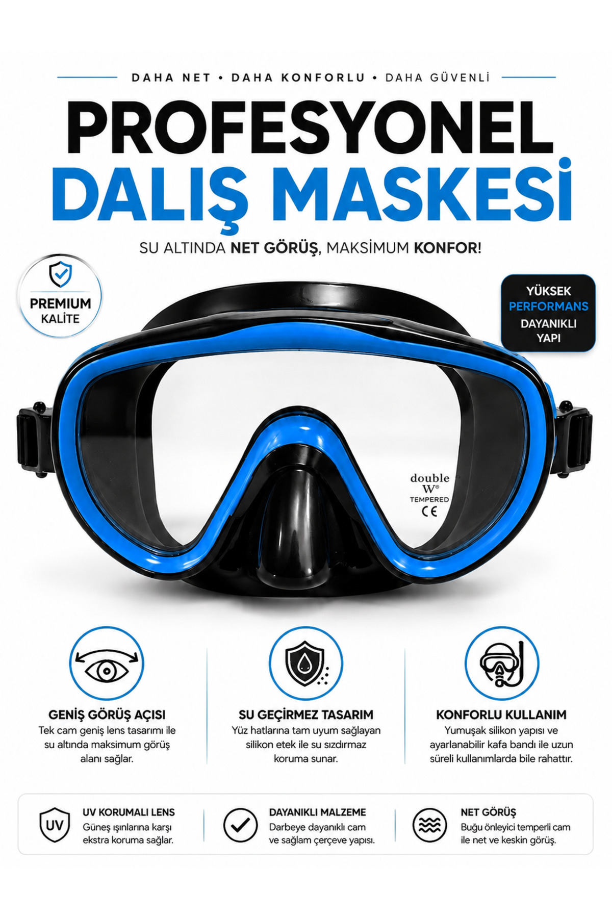 Janissary L1 Mavi Profesyonel Dalış Maskesi – Geniş Görüş Açılı
