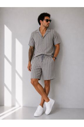 sepetx Relax Fit Minimal Çizgili Yazlık Modern Gri Erkek Gömlek Şortlu Takım ...
