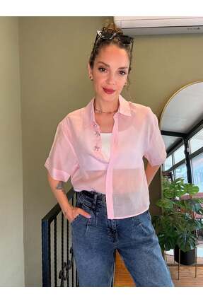 Ali Butik Pembe Şifon Crop Gömlek
