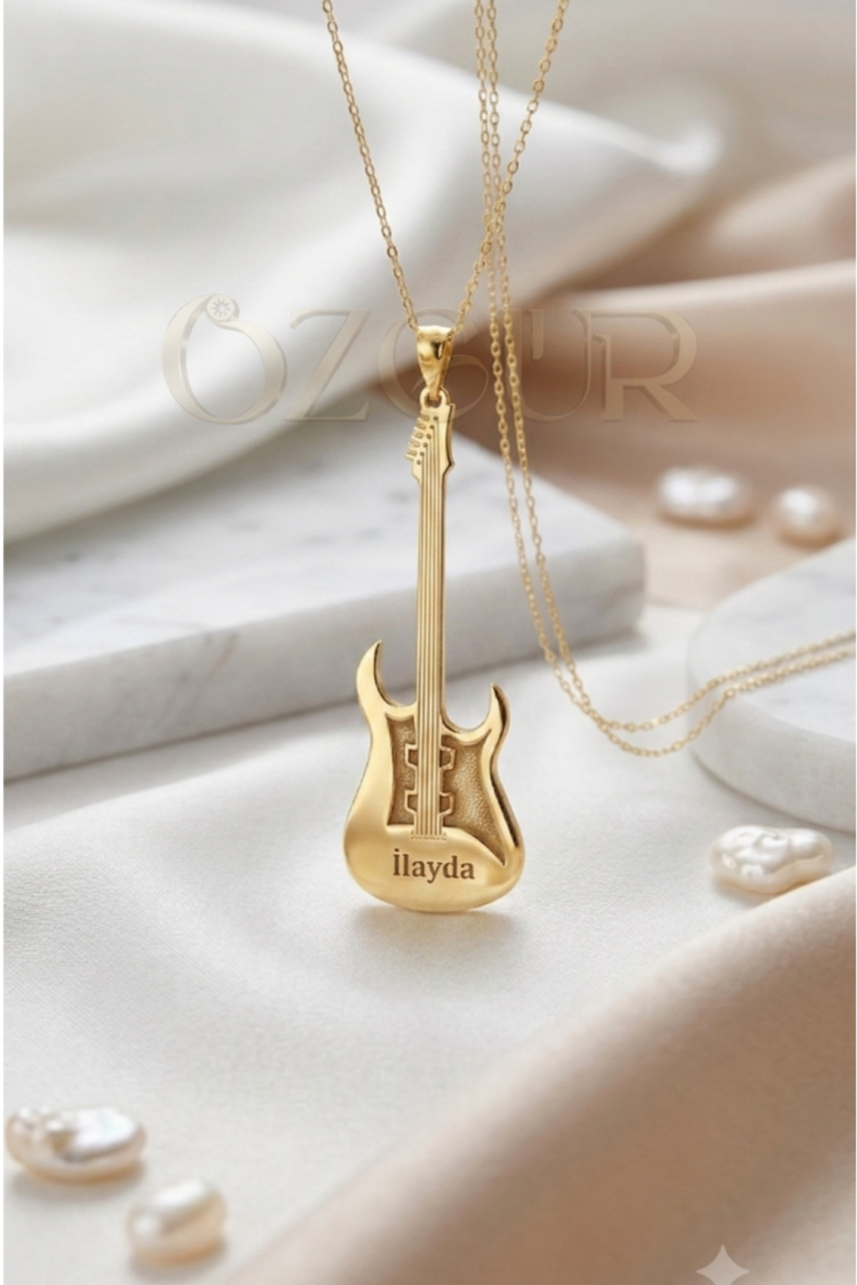 925 Ayar Gümüş İsimli Gitar Kolye - Altın / 40 cm