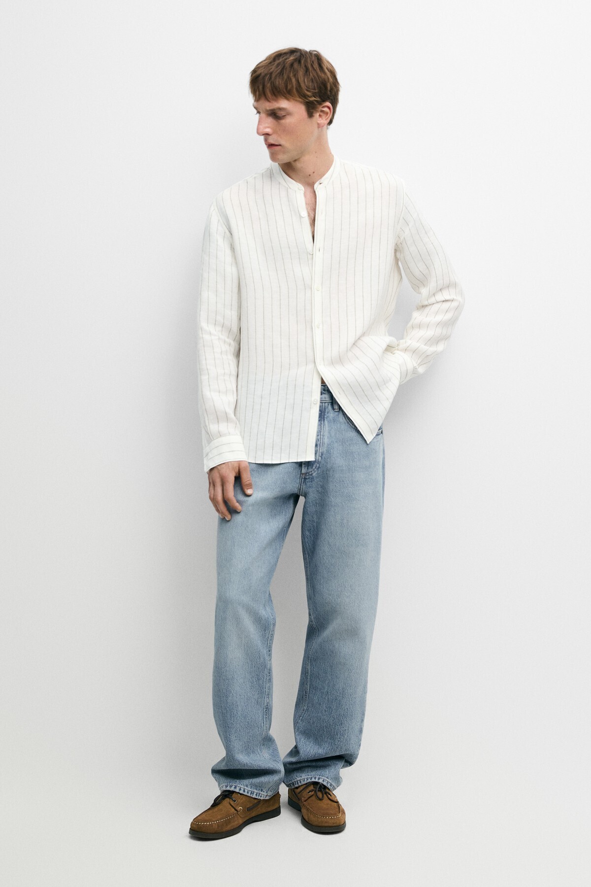 پیراهن یقه ماندارین راه راه ۱۰۰٪ کتان ماسیمو دوتی پیراهن Massimo Dutti