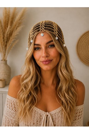 House Of Glix Glix Hair Vail %100 El Yapımı Örgü Bohem Simli File Yazlık Bere...