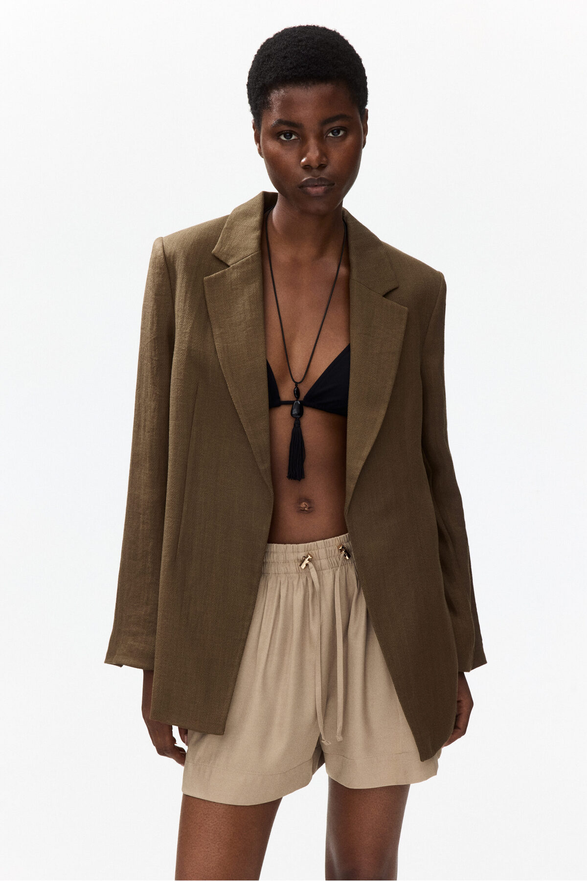 H&M  Kuşaklı Tekstüre Dokuma Blazer - Görsel 2