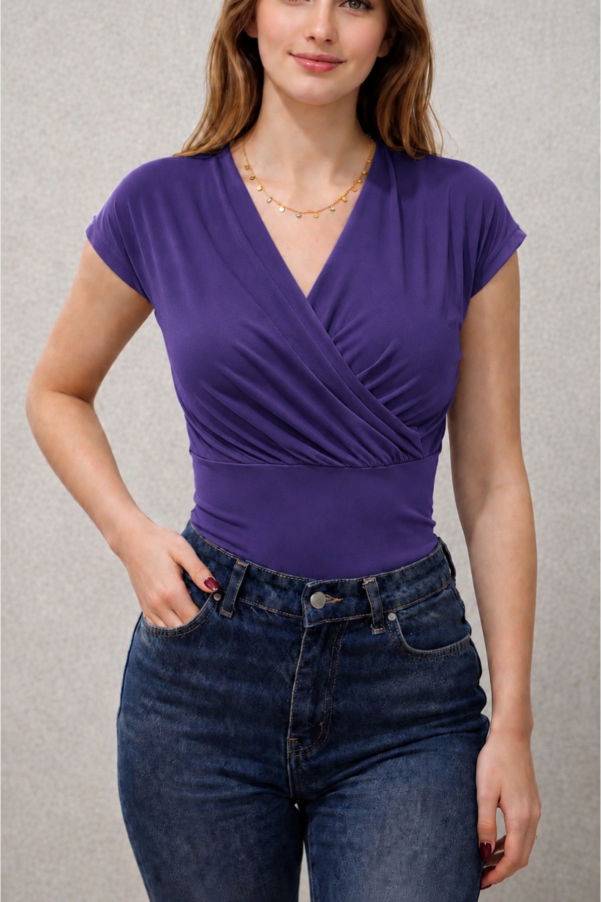 Women's Wrap Collar Draped Short Sleeve V-Neck Stretchy Fabric Casual Stylish Blouse 202