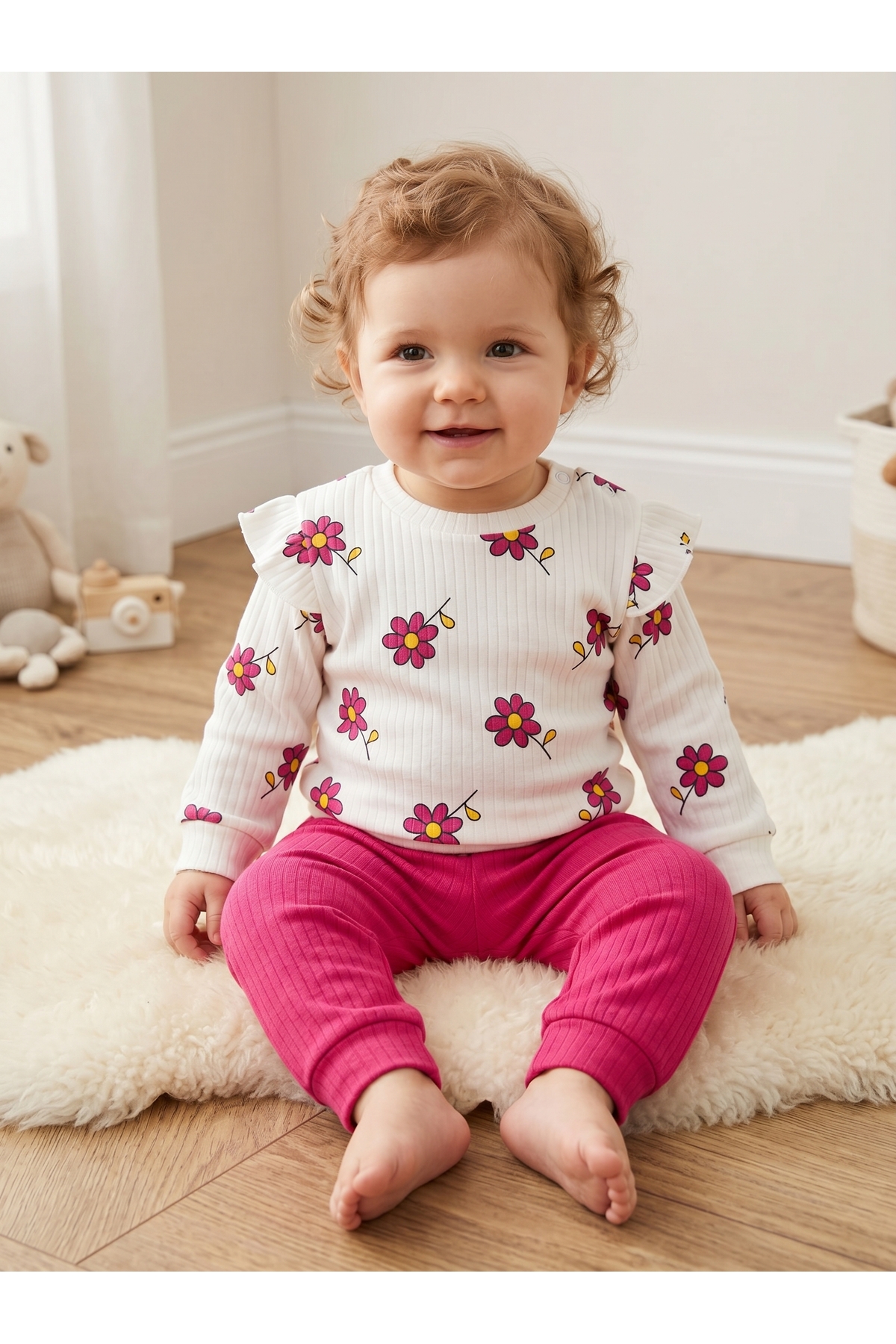 Baby Girl Floral Rib Set – Ruffle Detailed Long Sleeve 2pcs Set 3-12 Months - Fuchsia