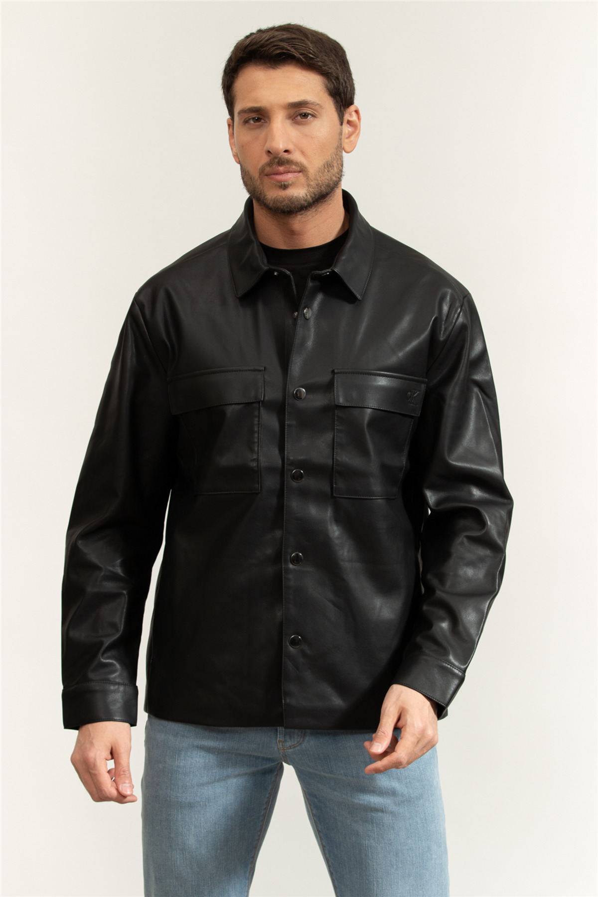 【CULLNI 24ss】Faux Leather Shirt Jacket Calvin Klein LS Faux Leather Shirt Jacket Erkek Deri Mont Siyah