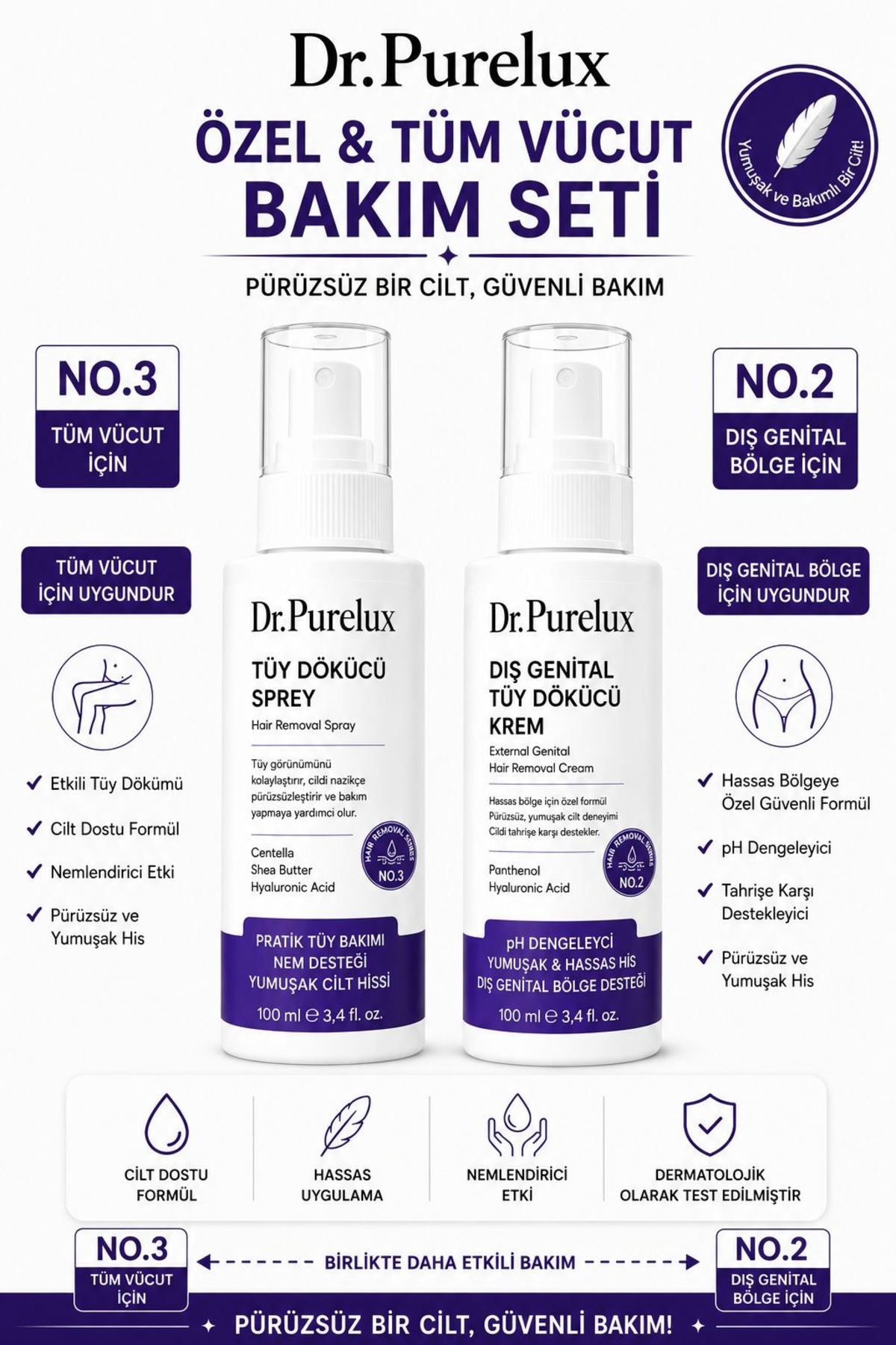 Dr.Pure Lux Cosmetic Özel Bölge ve Tüm Vücut Tüy Bakım Seti – Dış Genital Tüy Dökücü Krem No.2 + Tüy Dökücü Sprey No.3 100 ml — no2+no3