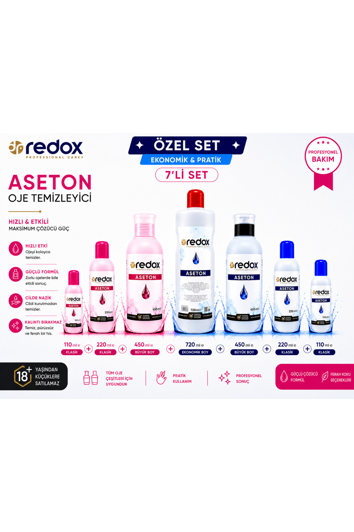 Aseton Oje Temizleyici 7'li Ekonomik Set 110 ml + 220 ml + 450 ml + 720 ml Profesyonel Kullanım — DRREDOX7LİSET