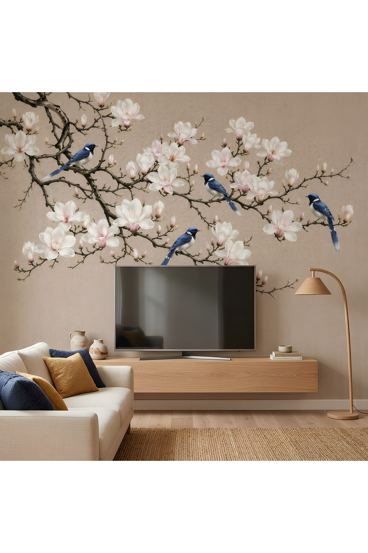 Vintage Magnolia Flowers and Blue Bird Pattern Beige Wallpaper