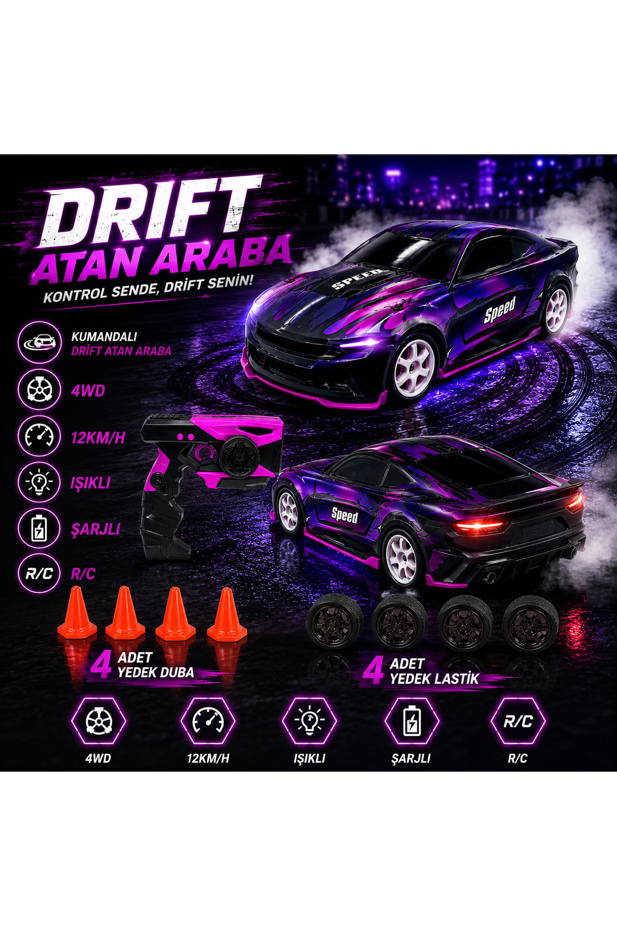 PASİFİK OYUNCAK Uzaktan Kumandalı Drift Atan Araba 4WD (4 Çeker
