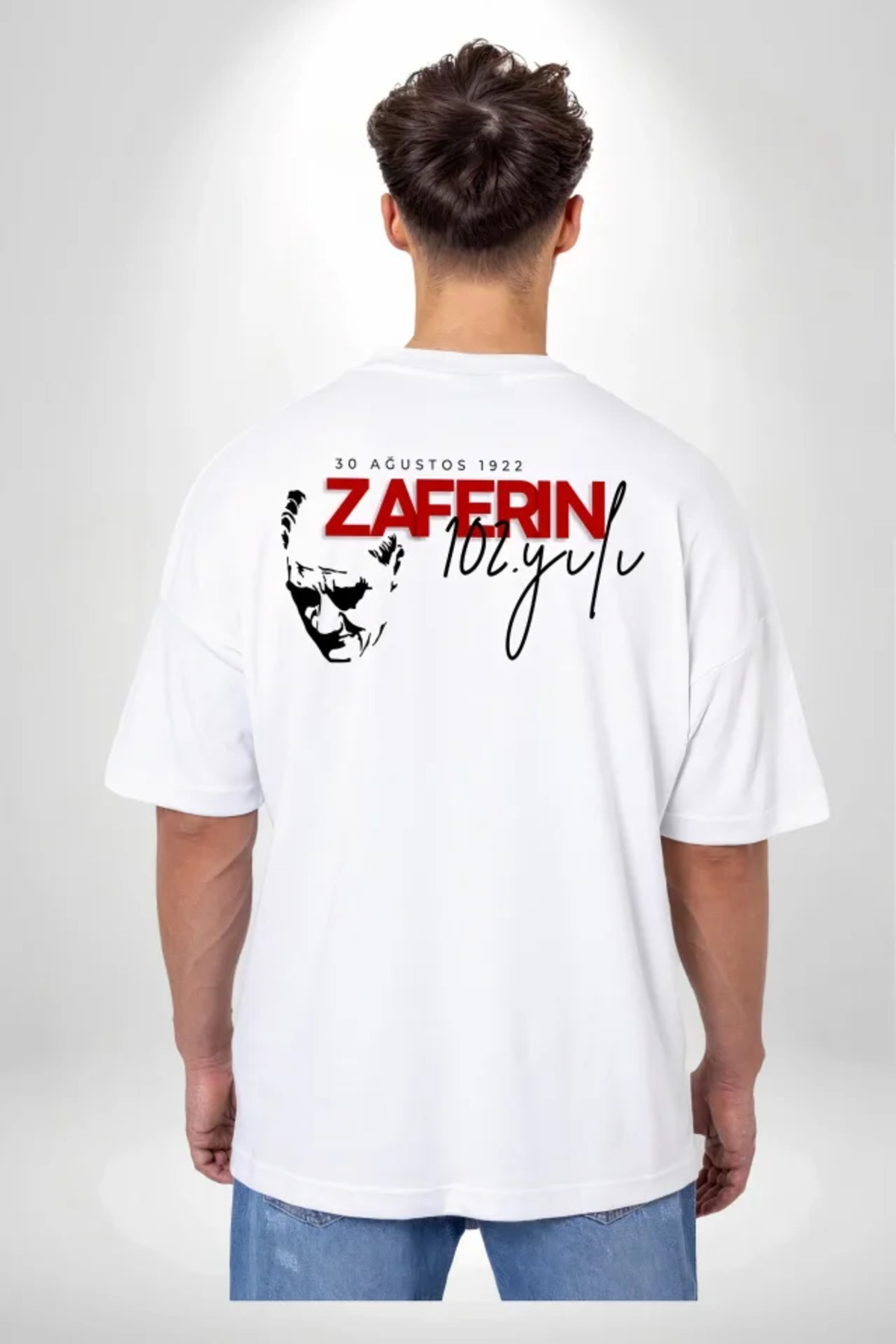 30 Ağustos Zafer Bayramı Ön Arka Baskılı Oversize Bisiklet Yaka T-shirt - Beyaz alternatif görünüm