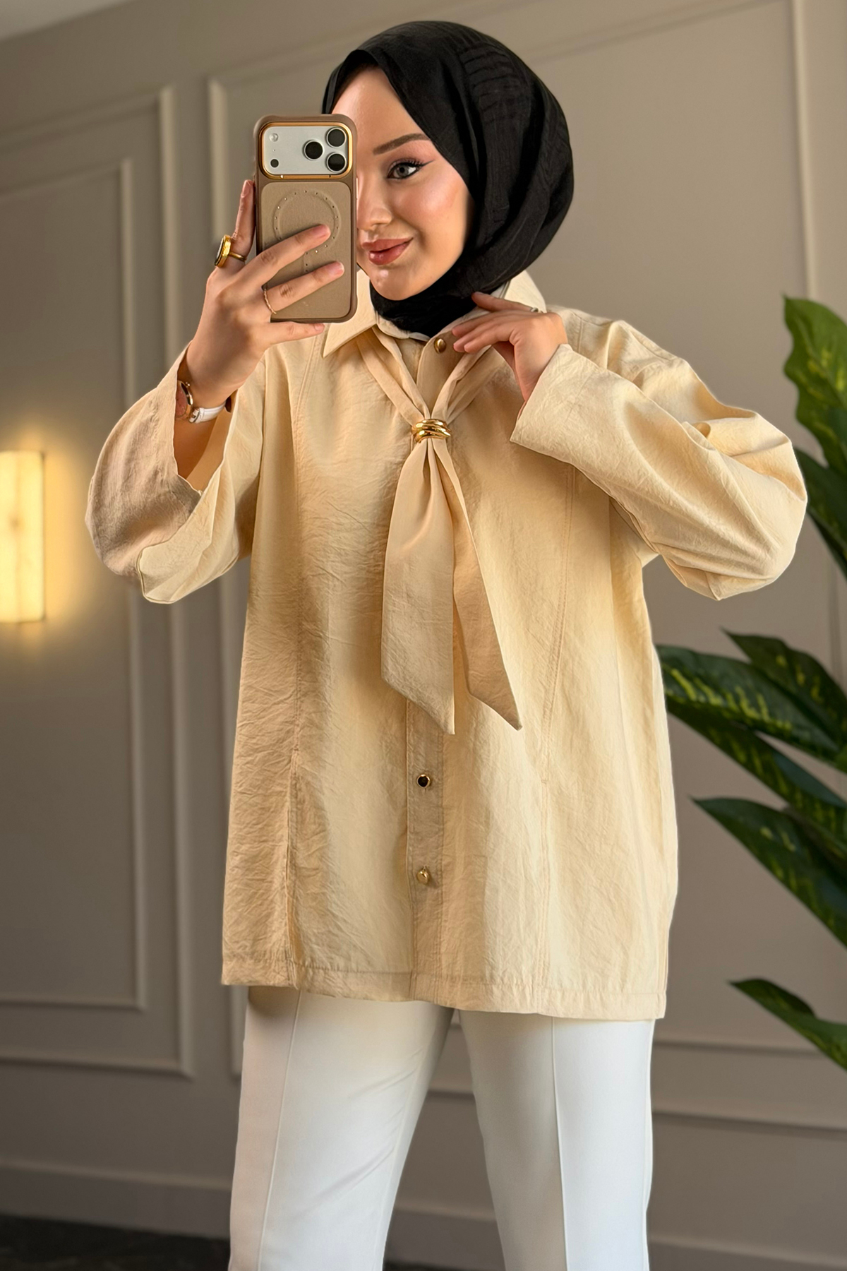 Suede Style  6463 - Şık Rahat Kravat Detaylı Dokuma Şeftali Kumaş Kadın Gömlek - Görsel 2