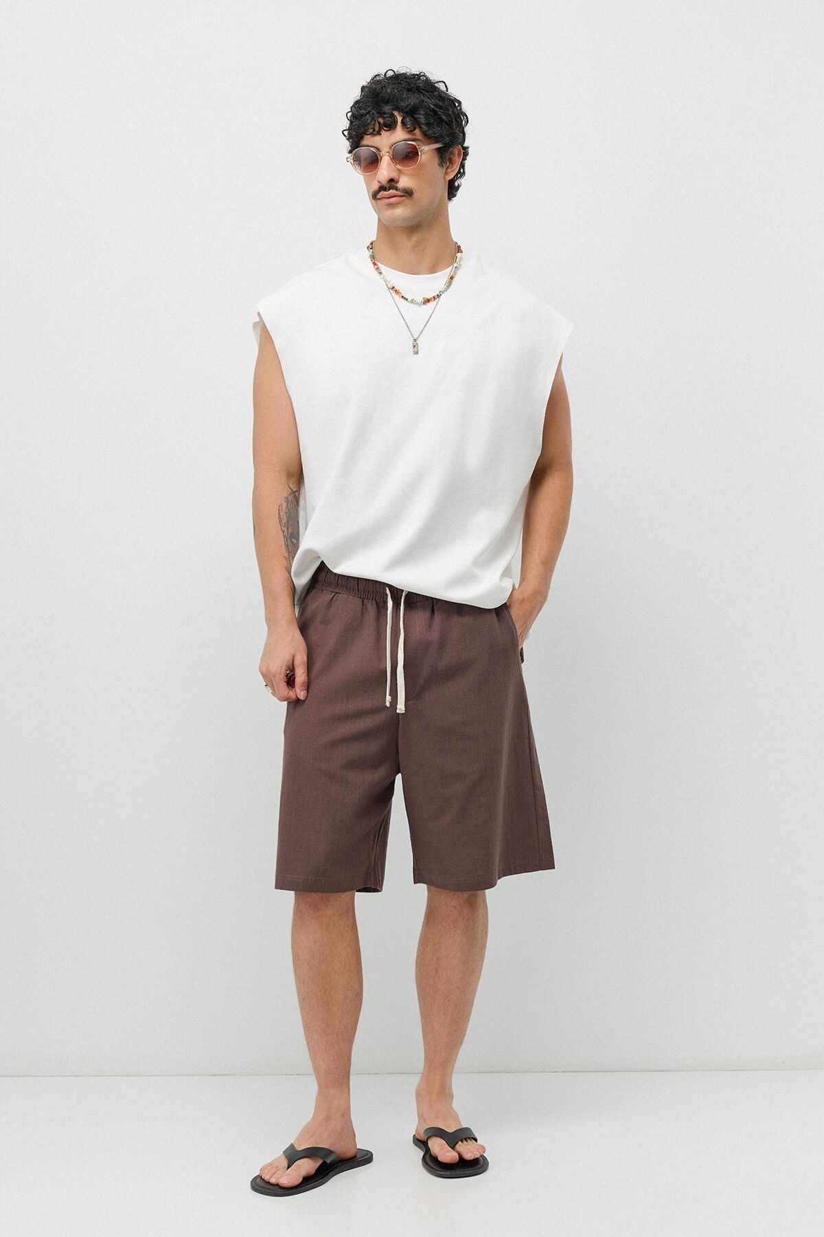 VAMOSCLO Basic Oversize Keten Şort Kahve görsel 3