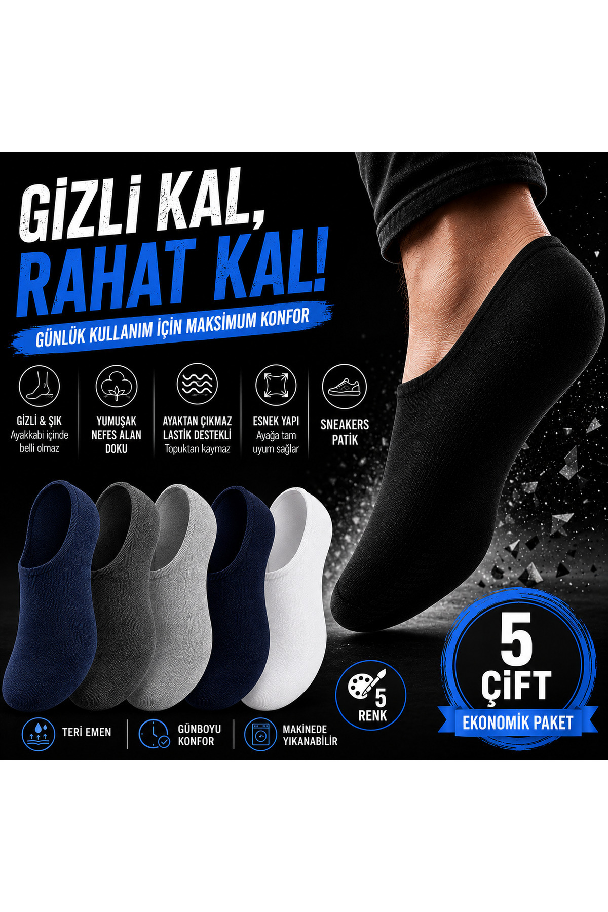 CALLAVI sneaker çorap görünmez bilekaltı ( 5 çift ) görsel 2