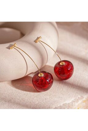 So Much Accesories Simli Kiraz Küpe Gold İnce Kancalı Bordo Sallantılı Parlak...