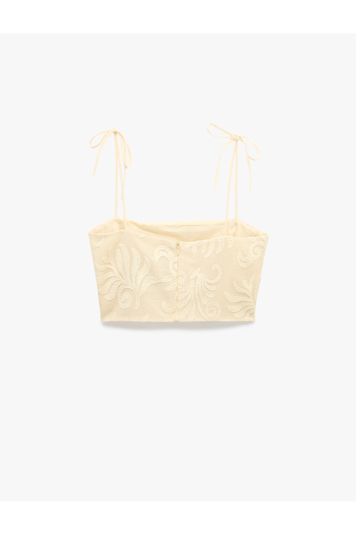 Koton X Melis Ağazat - Pamuklu Floral Dokulu Brodeli Fiyonklu İp Askılı Crop Büstiyer görsel 3