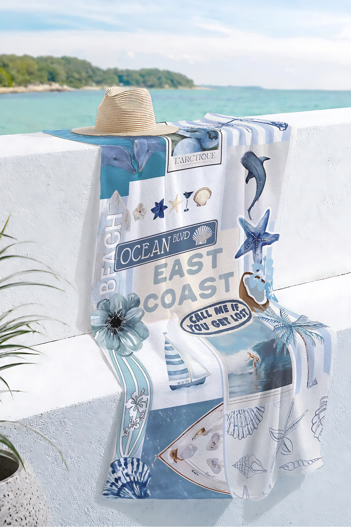 Marine Blue Beach Towel - Tropical Beach Collage Fast Drying Microfiber Towel
