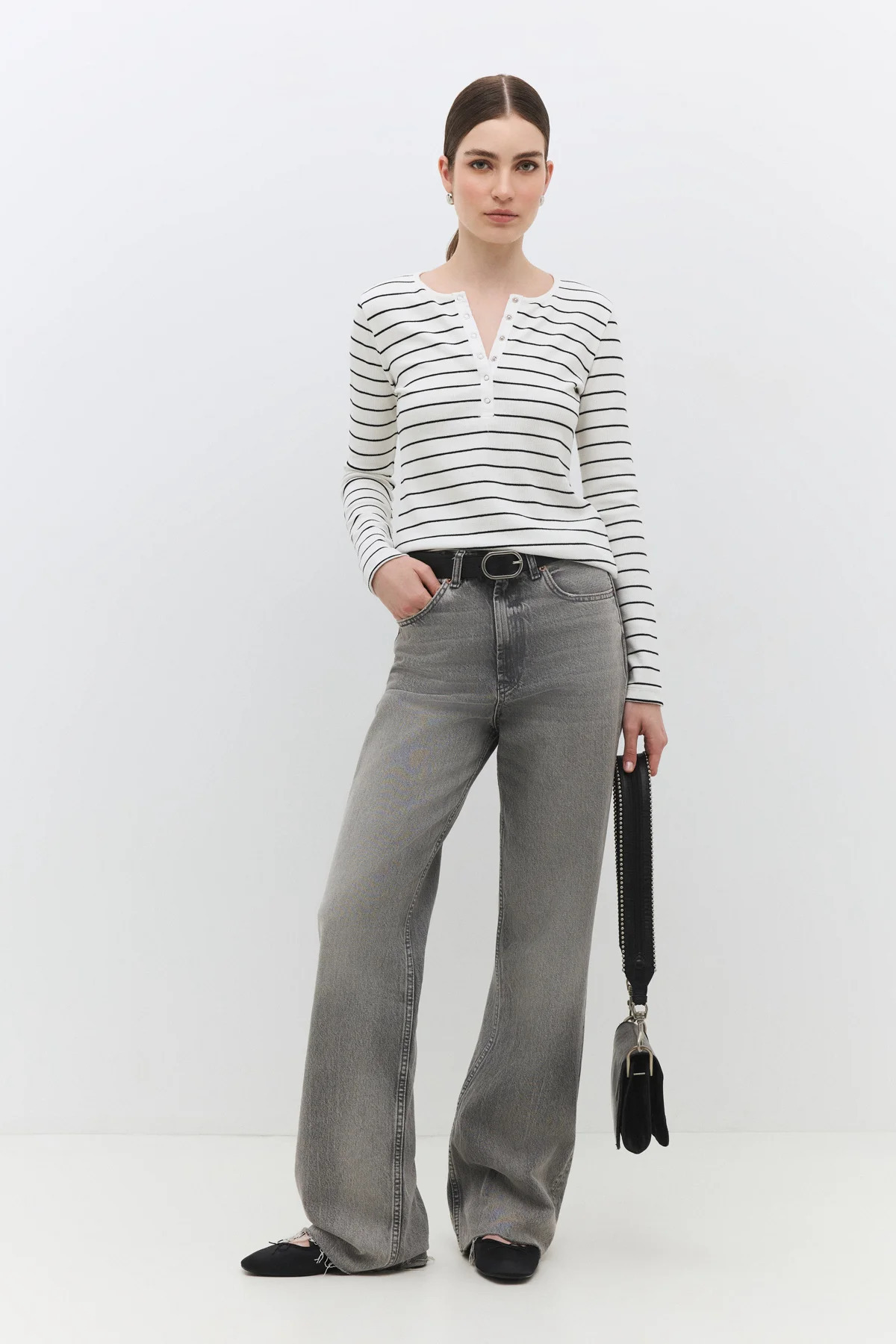 No Matter What Crew Neck Striped Long Sleeve T-Shirt with Snap Buttons on the Front