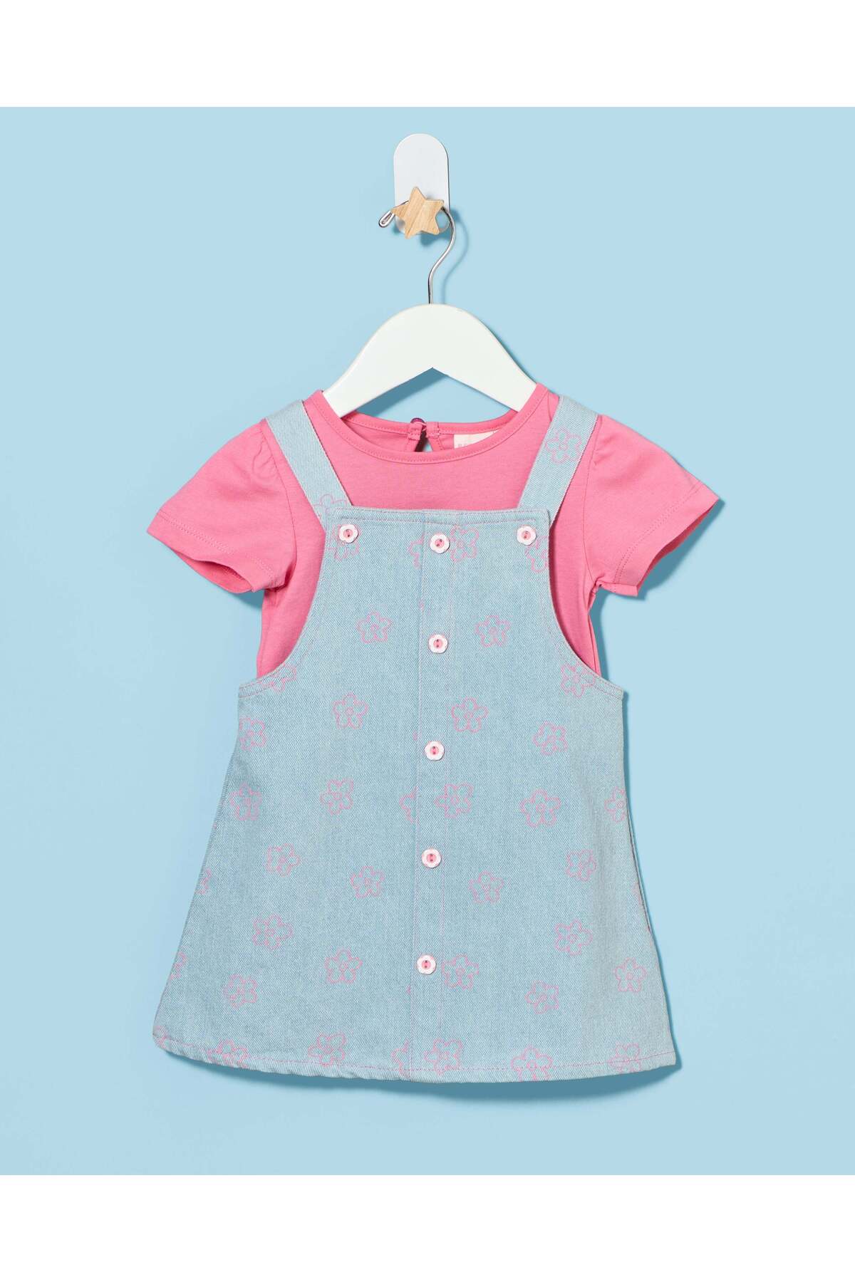 REDTAG Infant Girls Pink T-Shirt And Dungaree Dress Set (2 Piece)