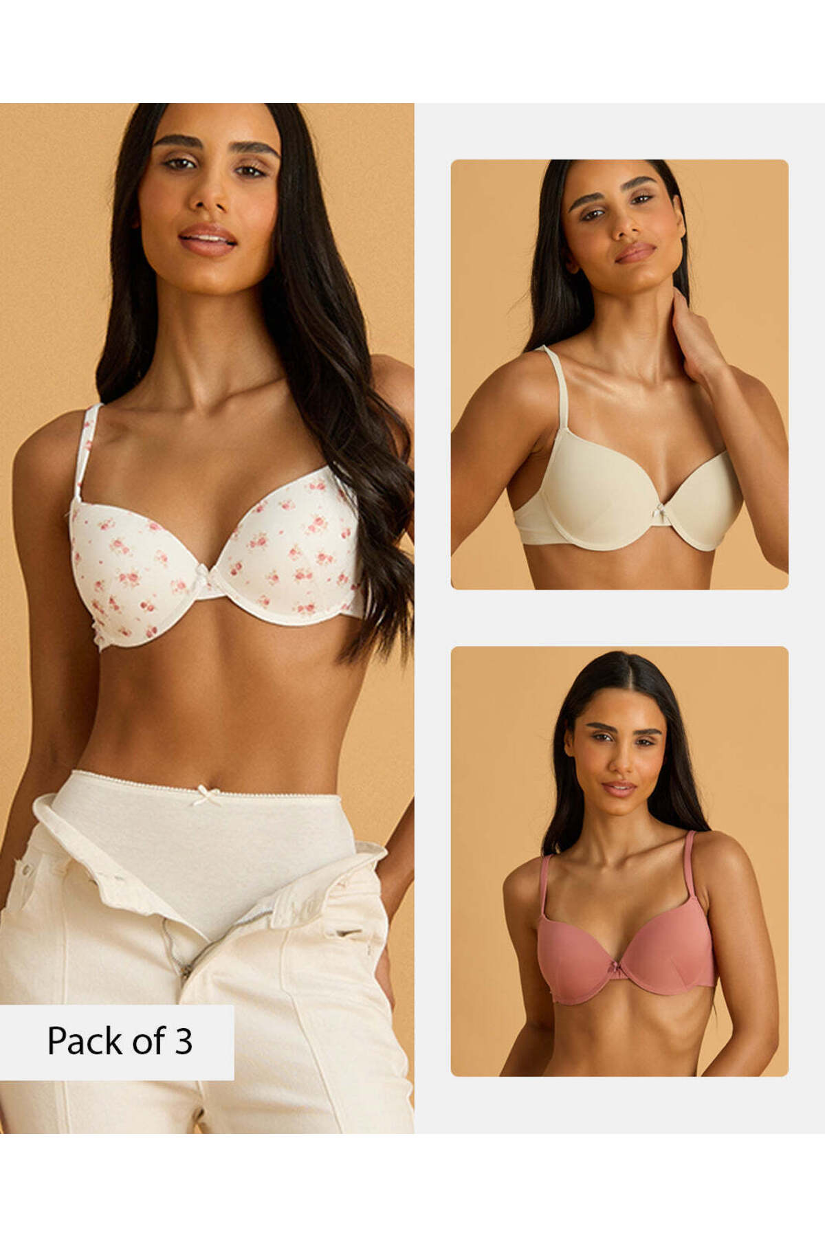 REDTAG Women's Assorted Printed & Solid Plunge Bra 3-Pack