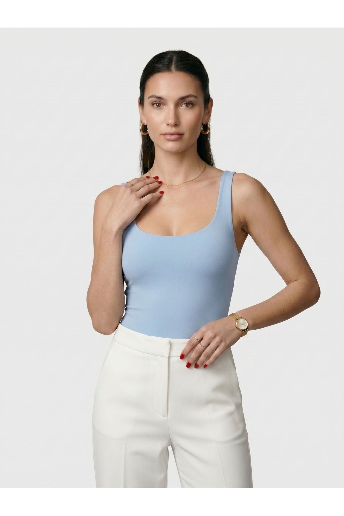 Kadın Kare Yaka Kalın Askılı Çıtçıtlı Body Slim Fit Dar Kalıp Likralı Bodysuit - Mavi