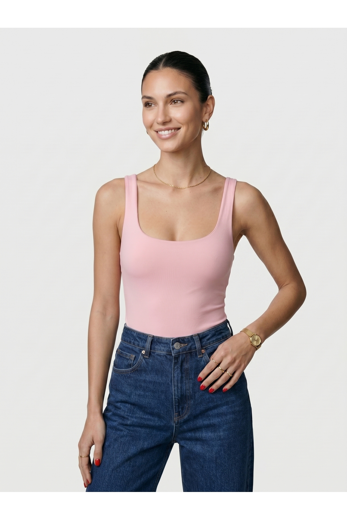 Kadın Kare Yaka Kalın Askılı Çıtçıtlı Body Slim Fit Dar Kalıp Likralı Bodysuit - Pembe