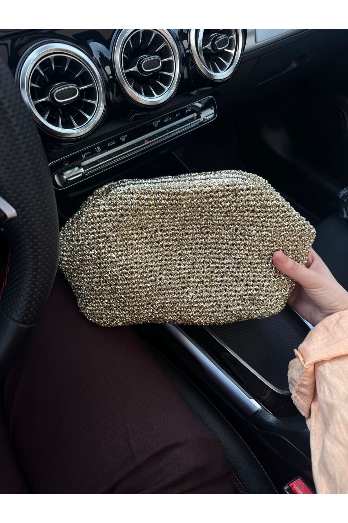 larosee Örgü Burslu Şık Simli Kadın El Çantası Portföy Clutch Gold Altın görsel 2