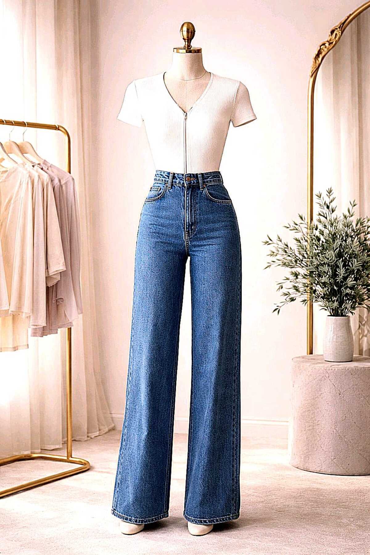 Lighter Jeans Kadın Yüksek Bel Likralı Orta Kar Bol Paça Jean Pantolon, Esnek Denim Rahat Kalıp görsel 2