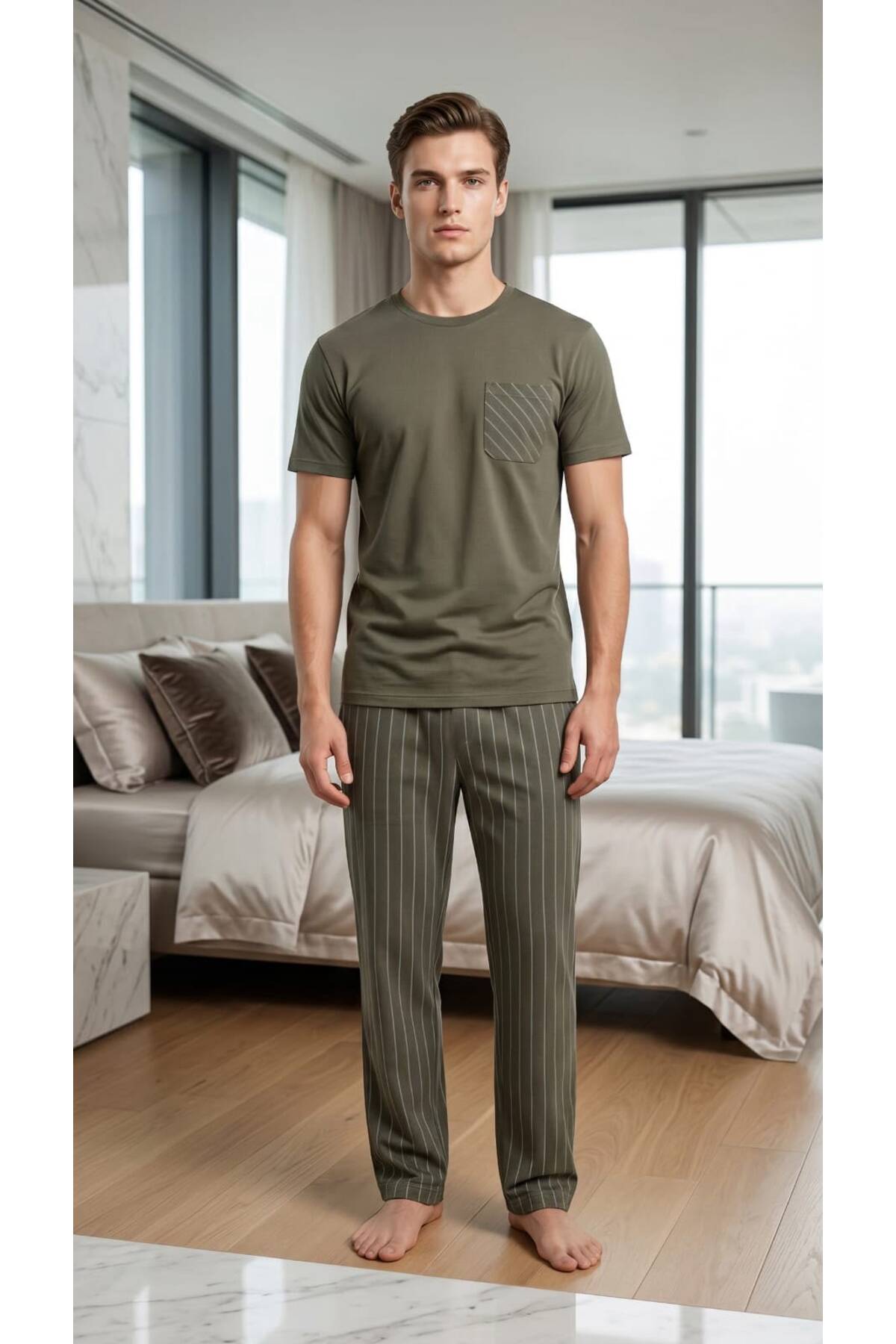 Sude HOMEWEAR Erkek Kısa Kol Yeşil Renk Çizgili Cepli Pijama Takımı
