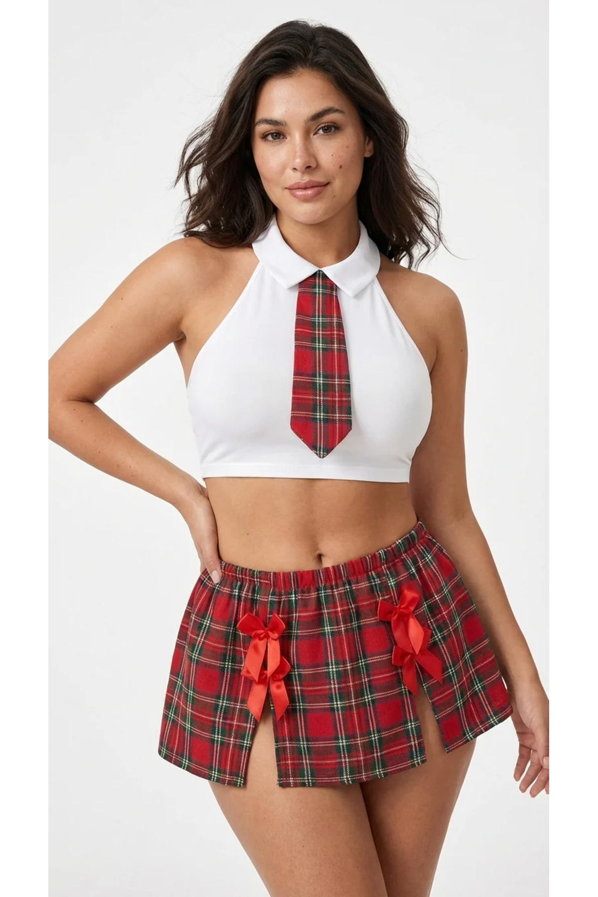 Plus Size Kırmızı Kareli Kostüm Set - Boyundan Bağlamalı Büstiyer Takım 3