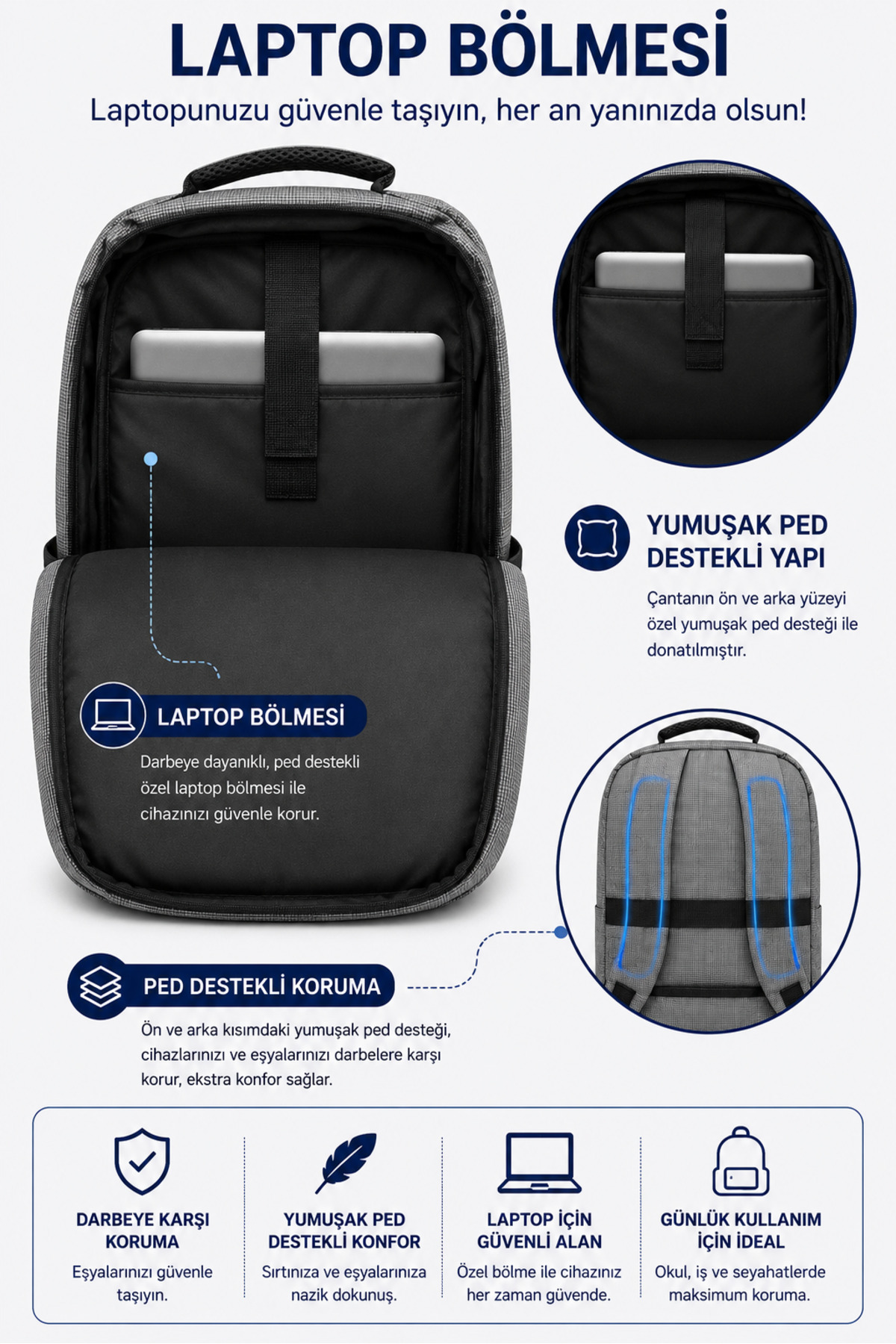 KAFFAA Unisex Günlük Laptop Bölmeli Sırt Çantası görsel 4