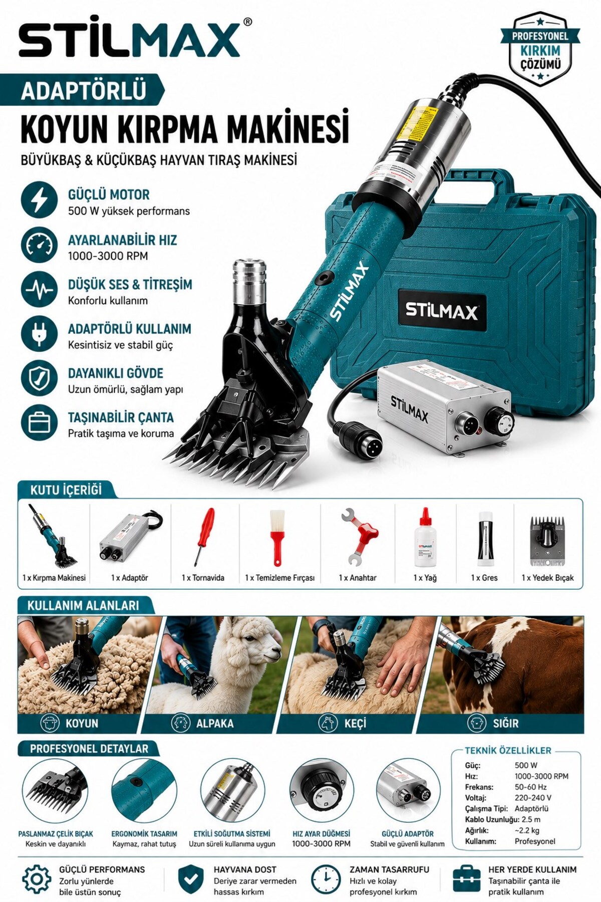 STILMAX Ağır Hizmet Koyun Kırkma Makinesi 500 W Ayarlanabilir Hız Profesyonel Çantalı Çelik Beıyuan Bıçak