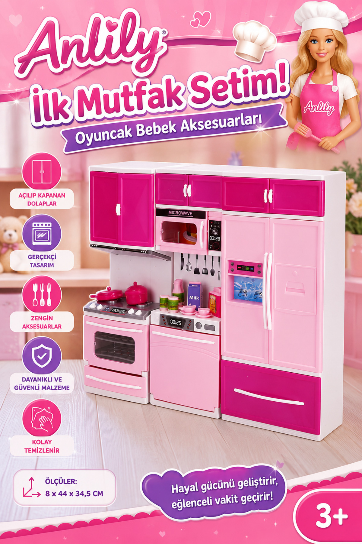 craftivio Anlily İlk Mutfak Setim Pembe Açılabilir Dolaplı