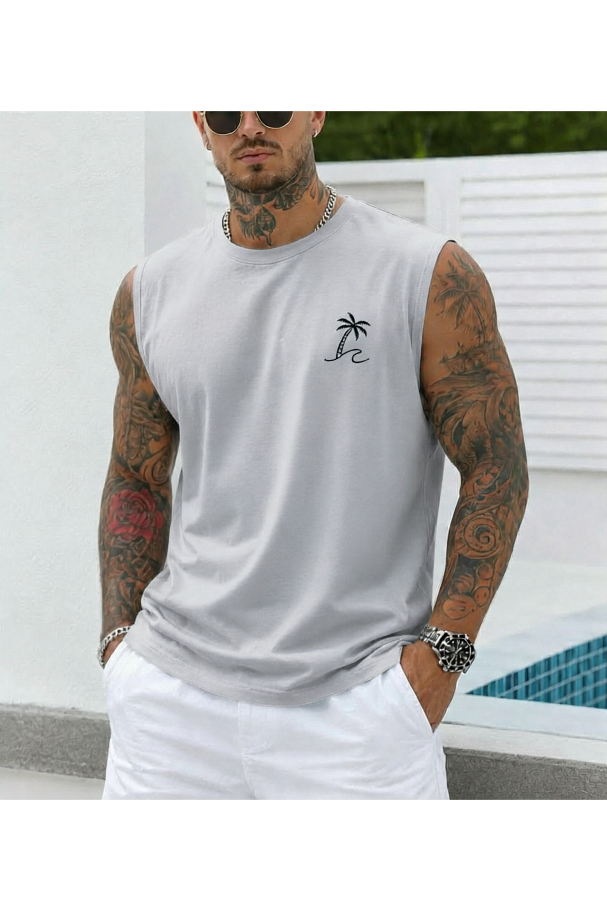 TREND EMMODA Men's Minimal Palm Print Zero Sleeve Round Neck Gray T-Shirt / Tshirt