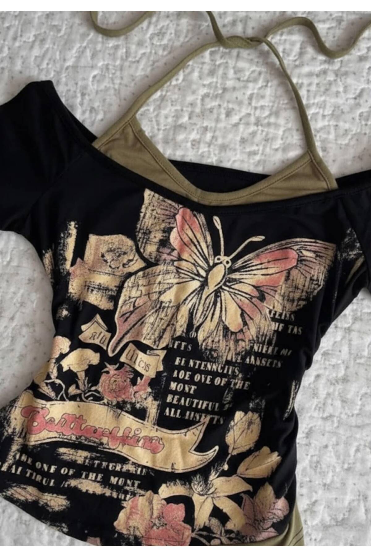 Black Butterfly Madonna Collar Splice Strap Y2K Short Full Body Sleeve Crop