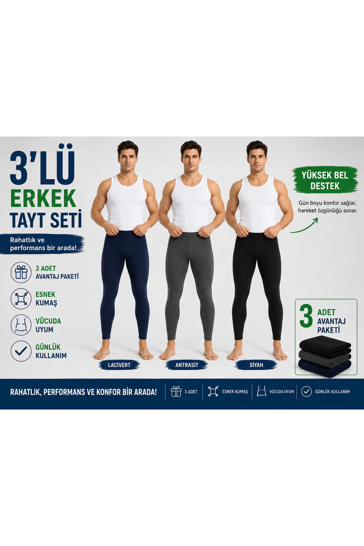 Isıl Termal | Erkek Termal Tayt 3 'lü İçleri Pamuklu Set ANTRASİT ,SİYAH ,LACİVERT ( 3 ADET )