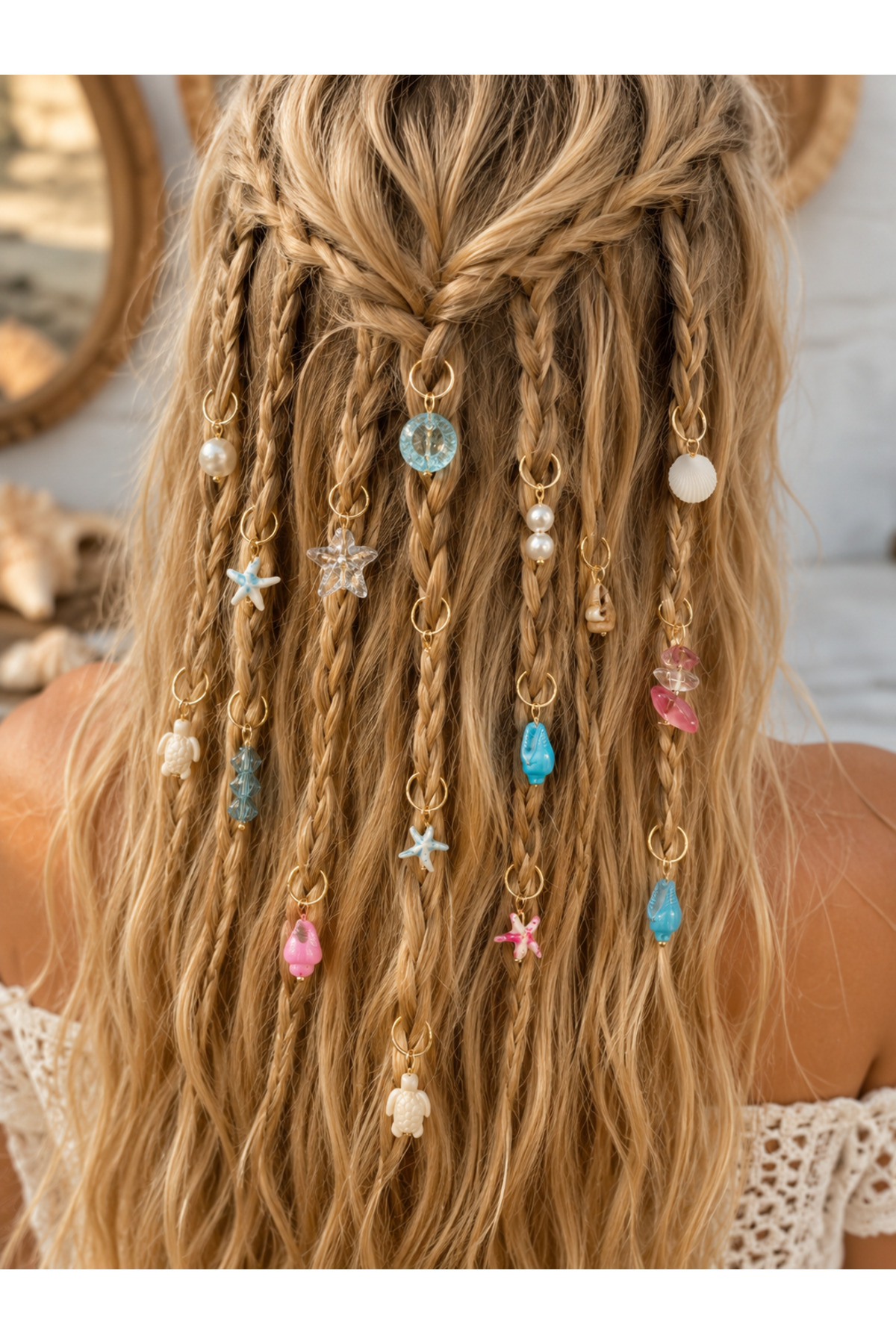 15 Pcs Sea Themed Hair Earrings Set | Pearl, Glass Bead, Sea Star, Sea Shell, Turtle Hair Charm | Braid Hair Accessory, Bohemian Festival Hair Jewelry