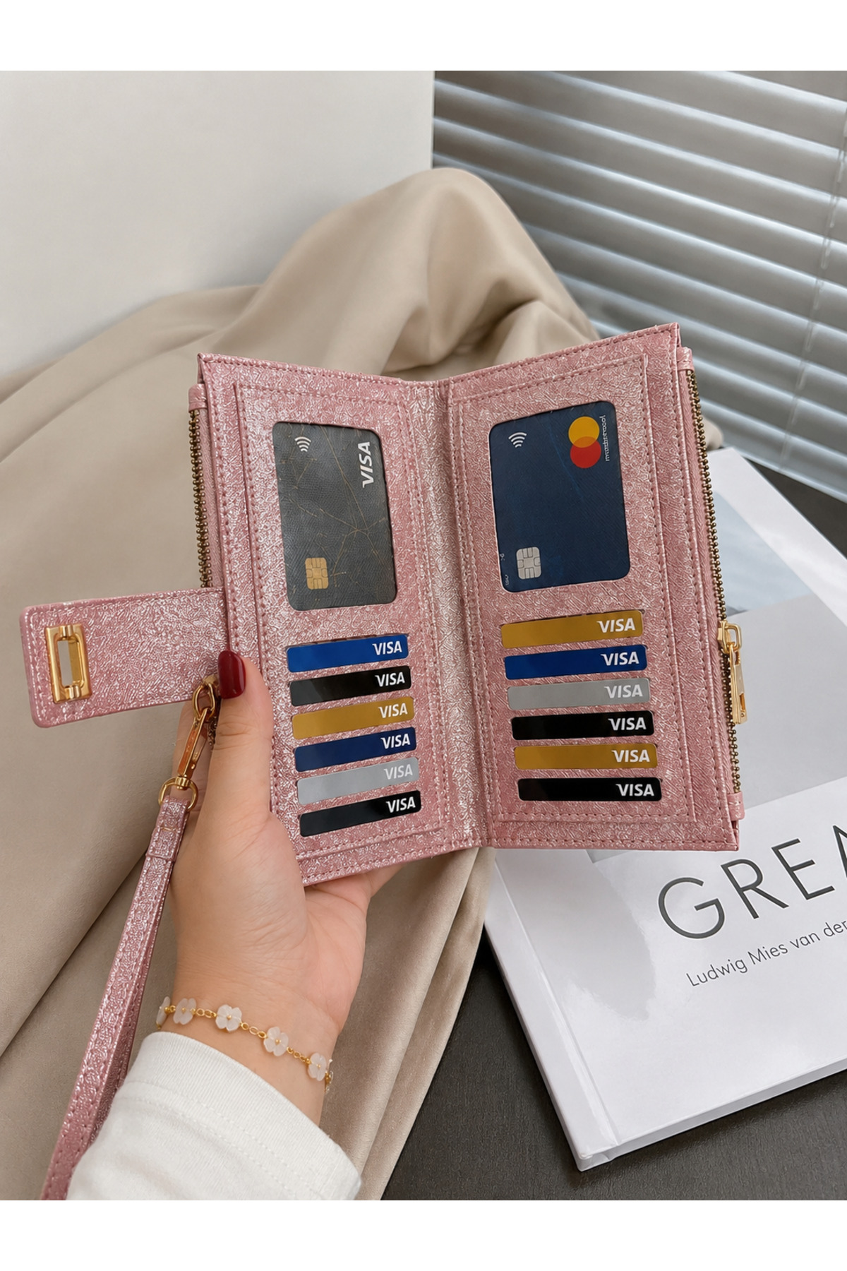 essbag Simli Pembe Cüzdan, Fermuarlı, Çok Bölmeli Şık Cüzdan görsel 2